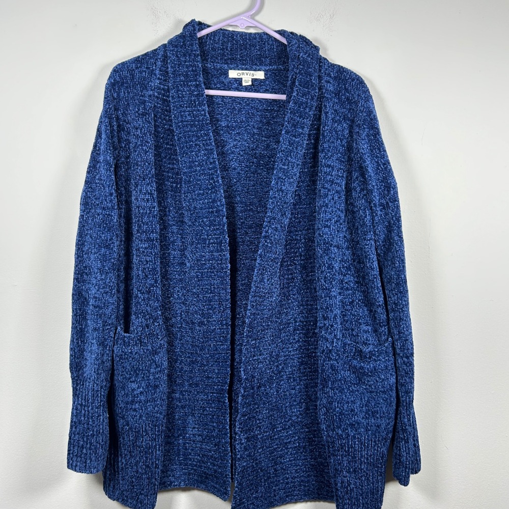 Orvis Cardigan Sweater Women M Blue Chenille Open Front Shawl Collar Cottagecore